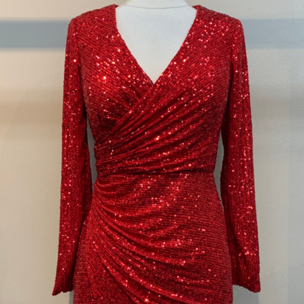 Red Mini Short V-Neck Sequin Short Party Evening F